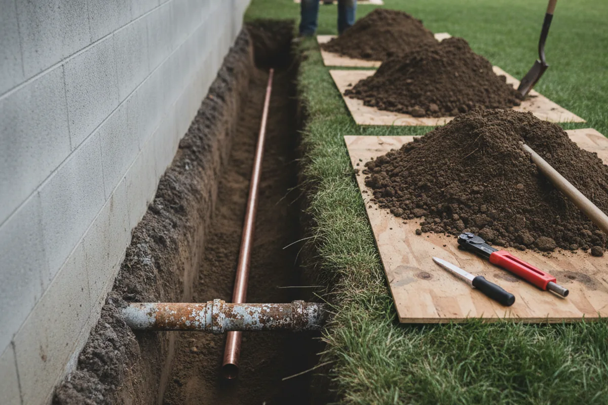 Excavated water line trench during Sewer Line Repair in Lyman